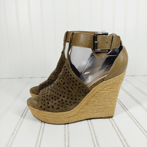 Marc Fisher Shoes - Marc Fisher Women’s Hasina Brown Suede Ankle Strap Wedge Sandals H345